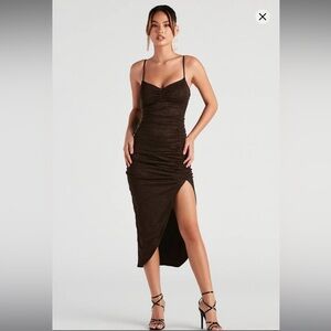 EUC Windsor Flaunt It Glitter Mesh Midi Dress Brown Cocktail Bodycon Stretch XS